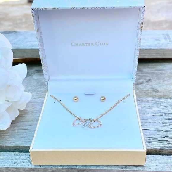 NWT CHARTER CLUB GOLD TONE STUD EARRINGS & TRI-TONE HEART NECKLACE - Picture 10 of 11